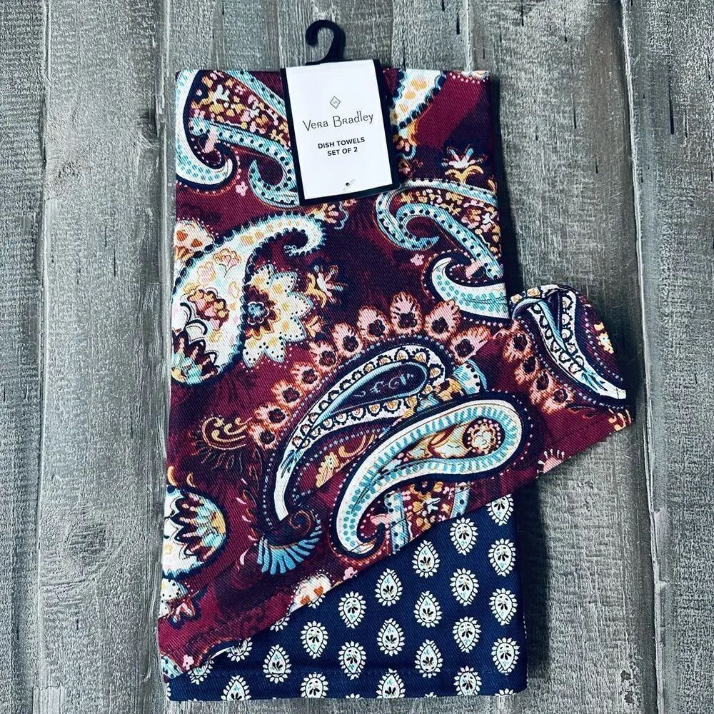 Vera Bradley Paisley Kitchen Dish Towels Set Maroon Navy Blue